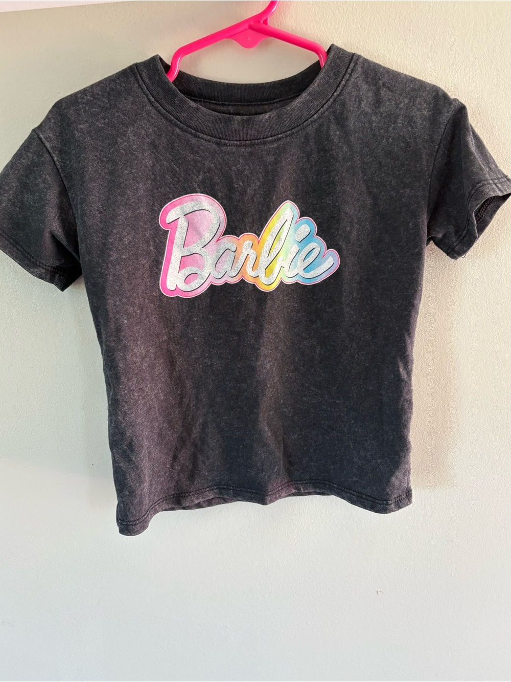 Barbie Black Tee with Pastel Rainbow Script Logo